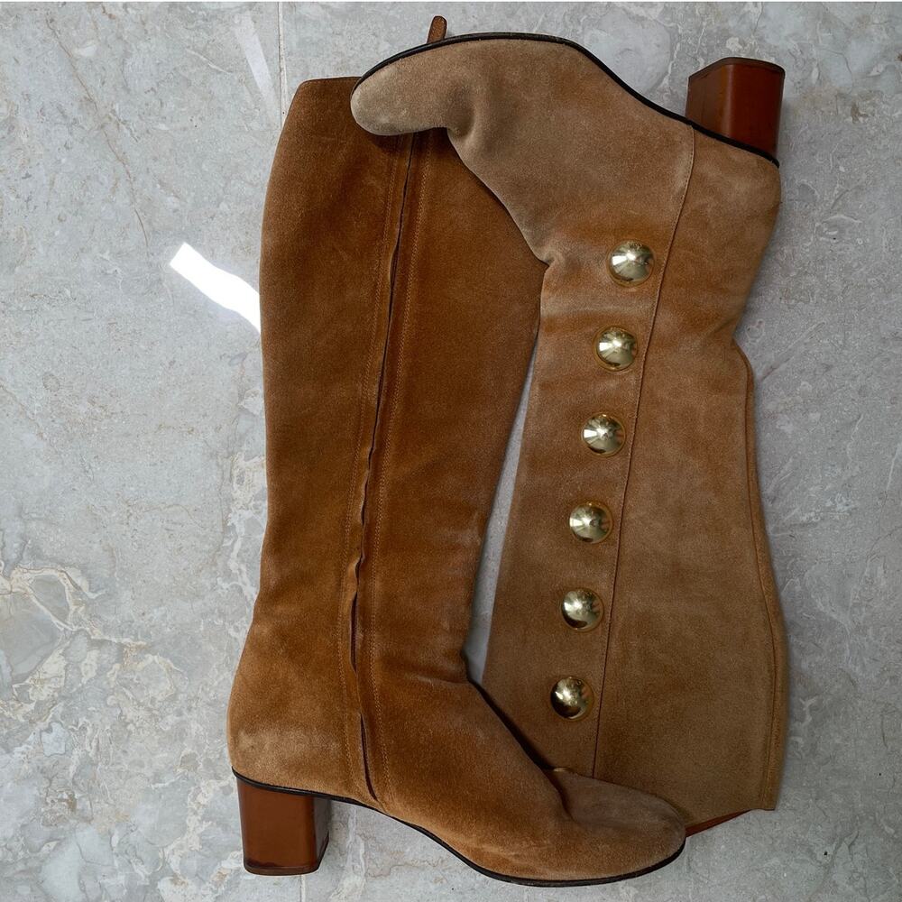 CHLOÉ Orlando Tall Gold Button Boot Womens 36 US 5.5 Tan Suede Knee High $1325